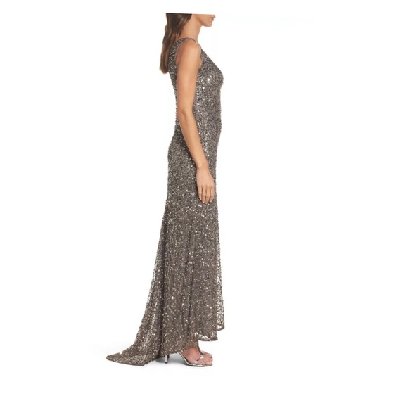 NWT Adrianna Papell V-Neck Sequin A-Line Gown in Lead [SZ‎ 12 ] - Picture 3 of 9